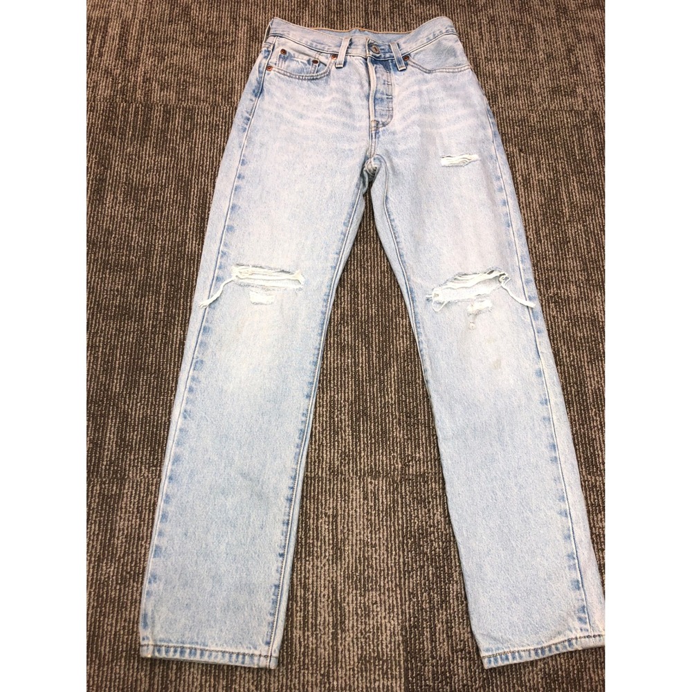 Levis 501 Original Cropped Jeans Light Wash Distressed Blue Denim W24 L30